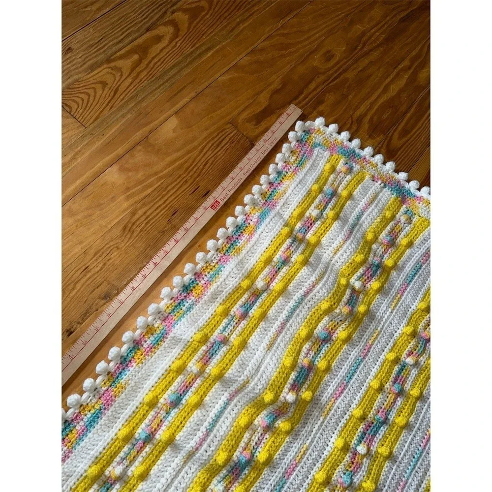 Little Duck Crochet Baby Blanket Pastel Stripe Bobble Pom‎ Pom Edge 36x36